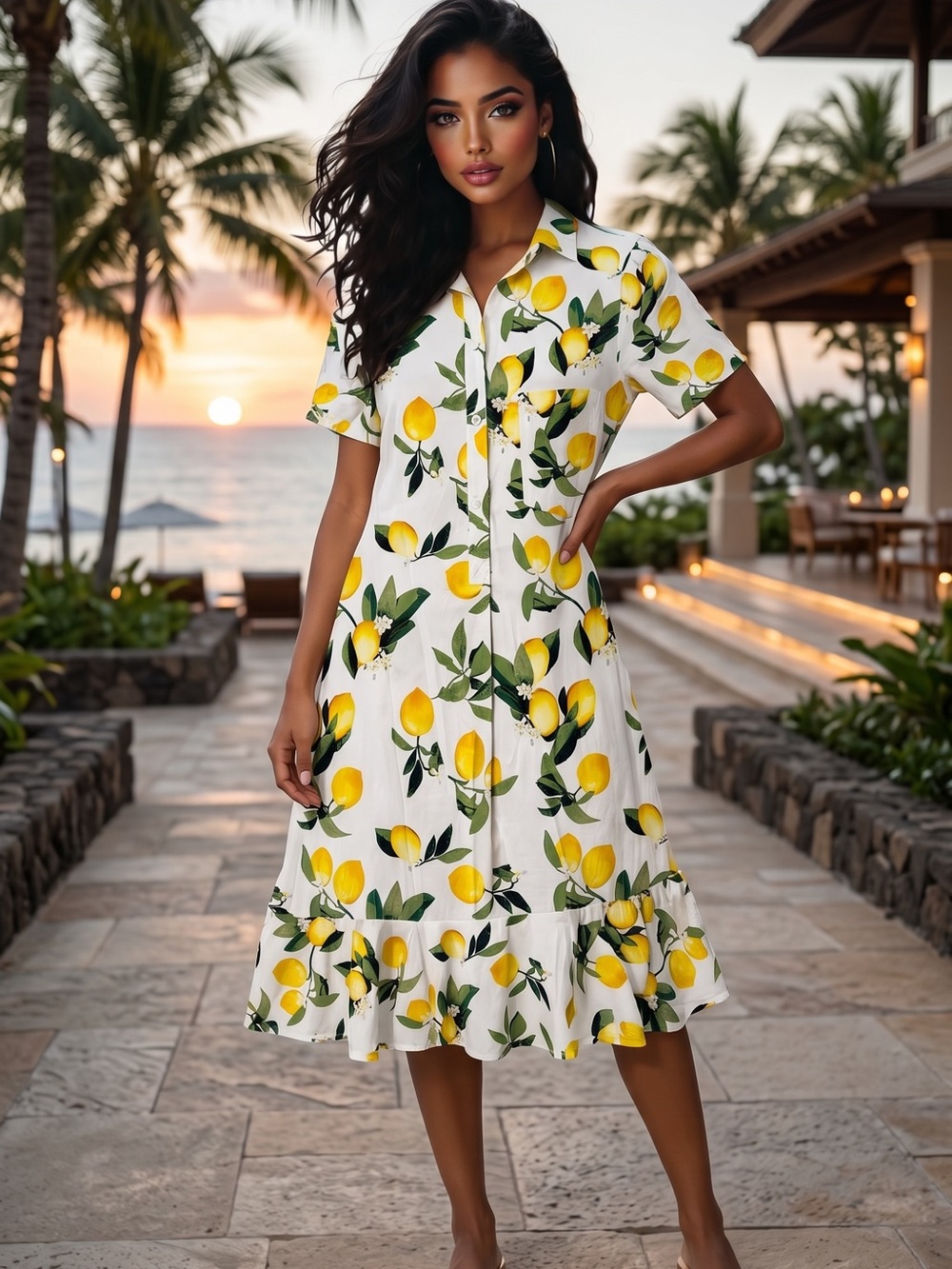 🌟B654. Stylish Chic Lemon Print Shirt Dress